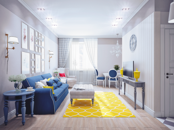 2 Blue white yellow living room 600x449 Thiết kế nhà đẹp lung linh với những tông màu đối lập