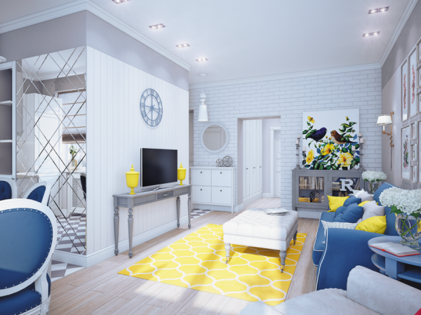 3 Blue yellow living room 600x449 Thiết kế nhà đẹp lung linh với những tông màu đối lập