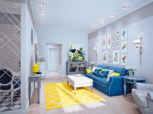 6 Yellow blue living room 600x449 Thiết kế nhà đẹp lung linh với những tông màu đối lập