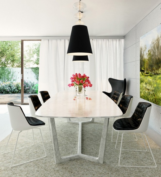 black white monochrome dining room 665x730 Chiêm ngắm vẻ đẹp lộng lẫy với phòng ăn mang tông màu trắng